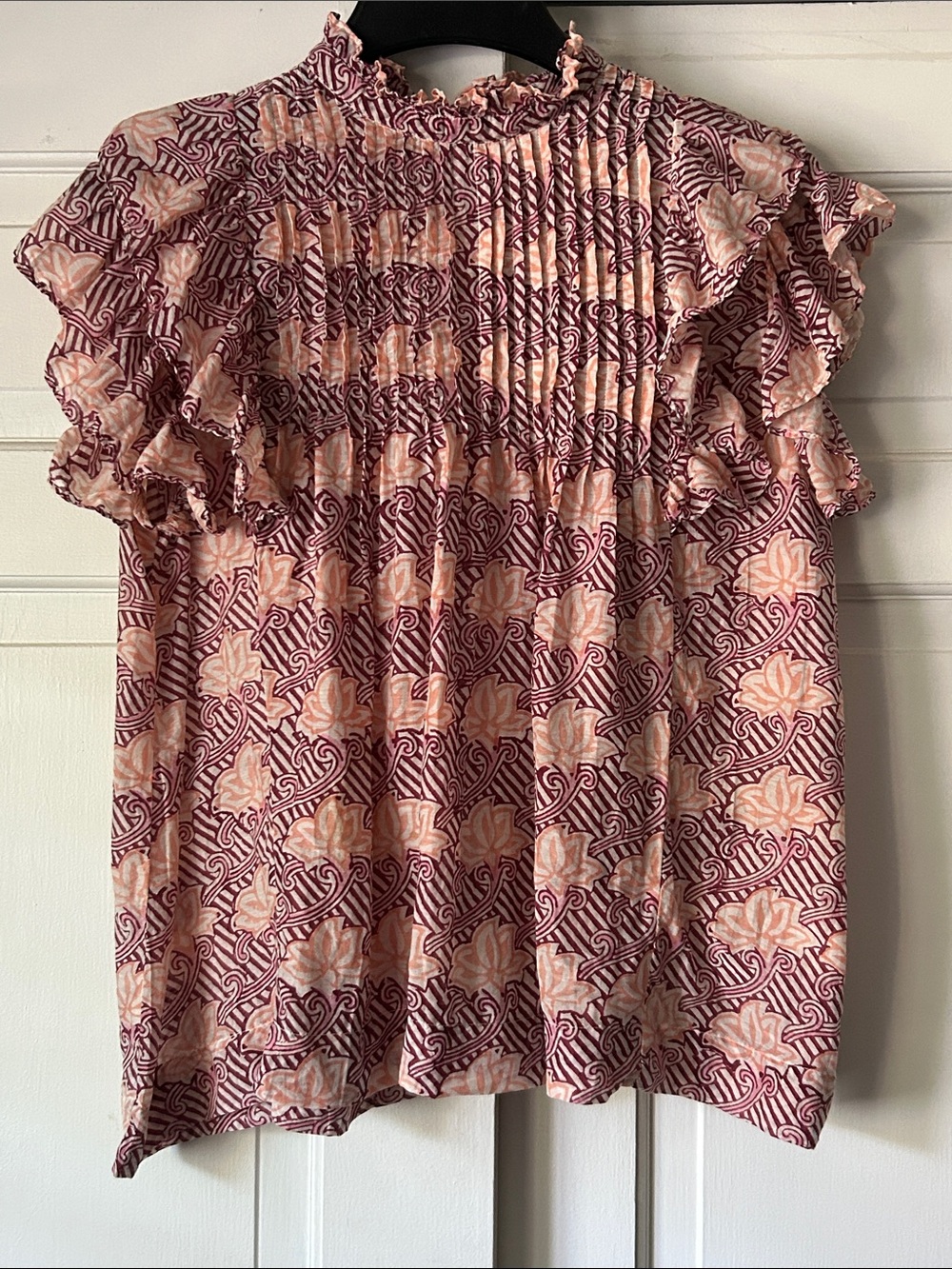 Oliphant Pink and Burgundy Floral Ruffled Blouse